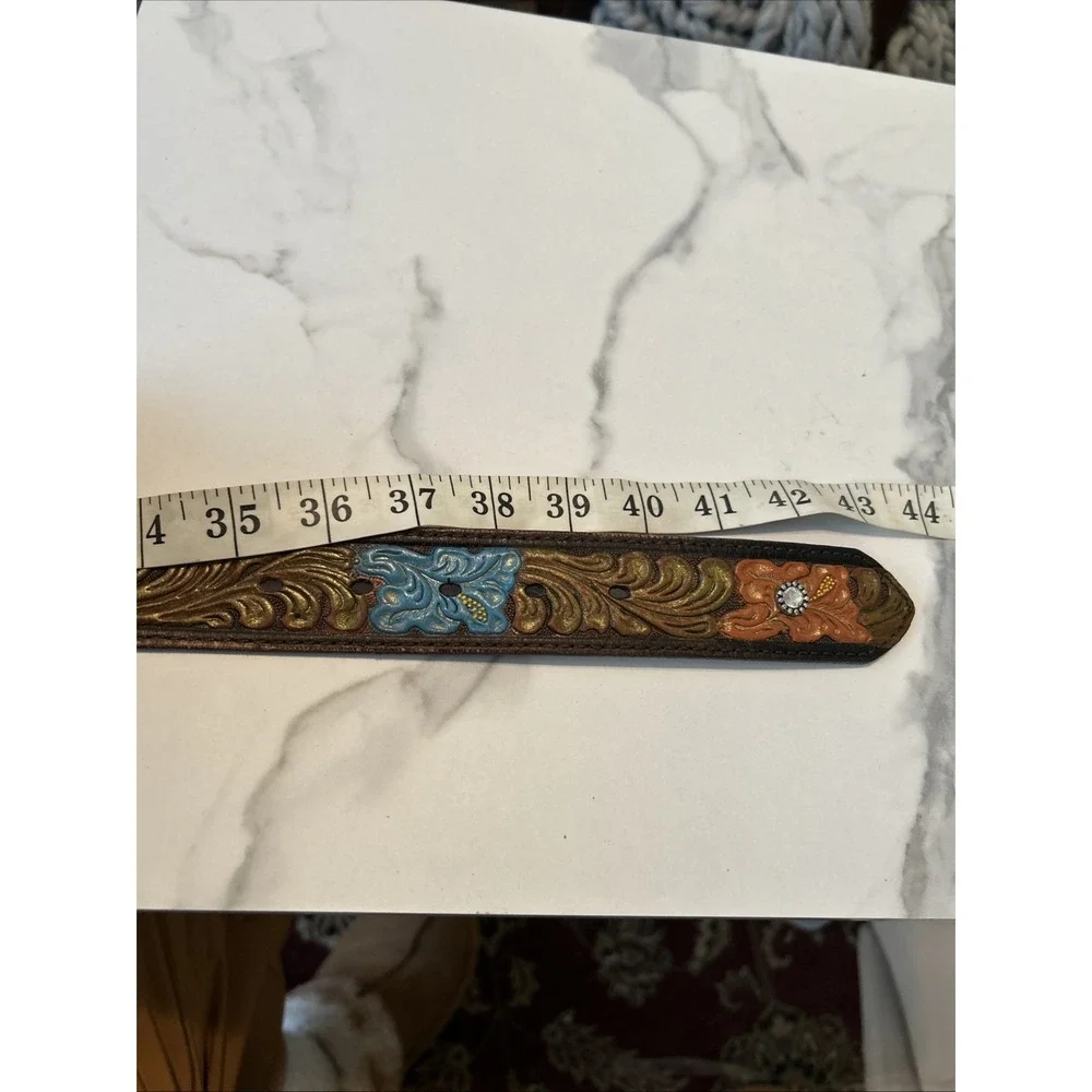 Nocona Womens Floral Tooled Leather Belt Rhinestone Hibiscus Western Brown Large